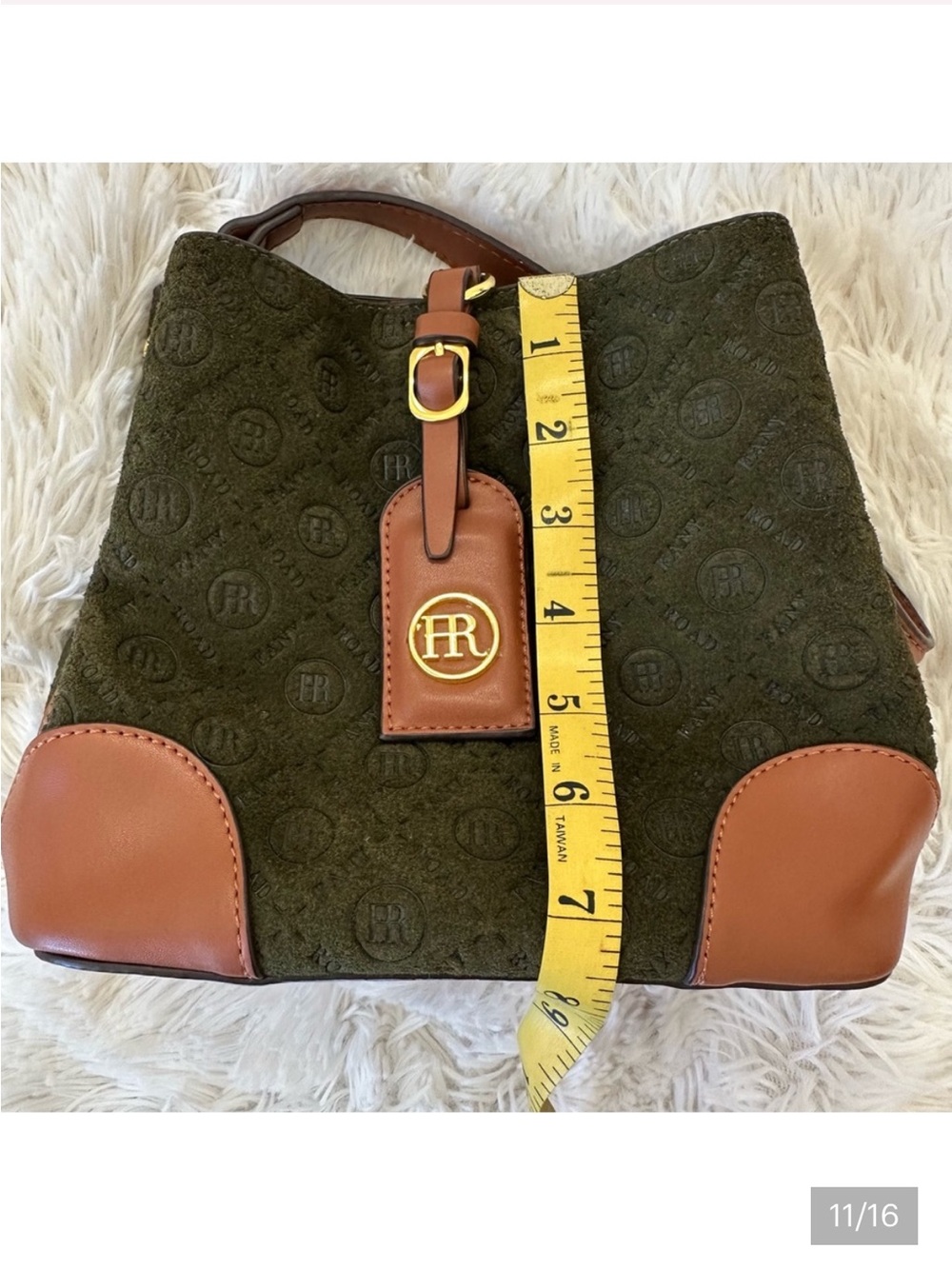 Fany Road - Olive Green Suede Shoulder Bag with Brown Leather Trim NWOT - Picture 9 of 14